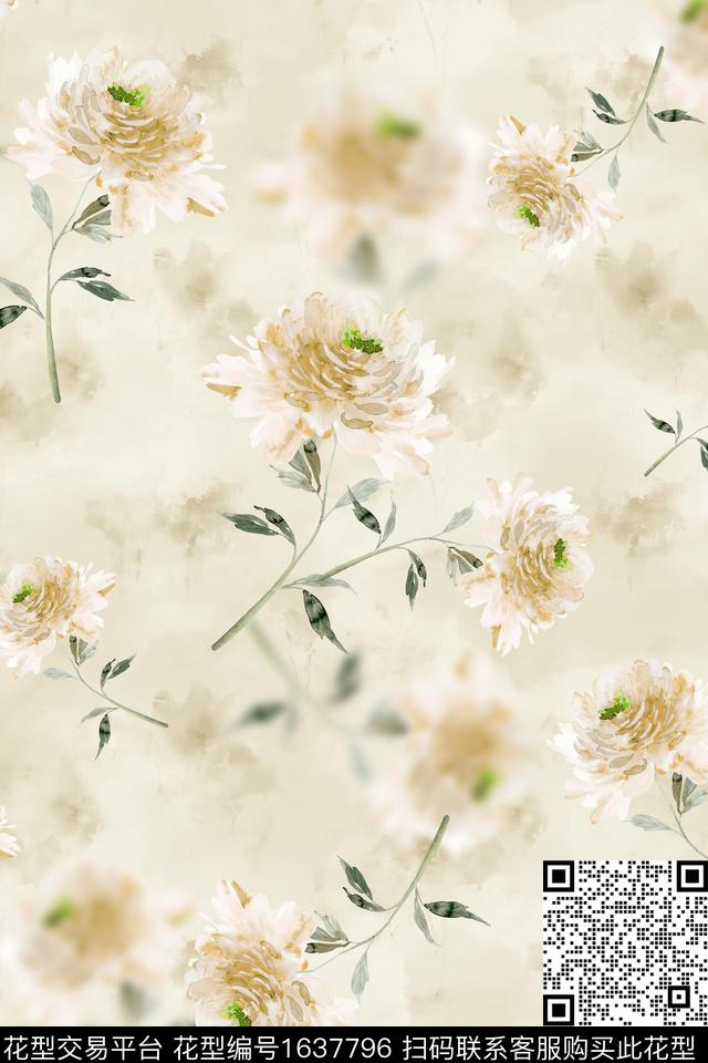 花卉水彩花卉朦胧花卉数码印花华亿平台下载（图片编号: 1637796） - 瓦栏（Walan）