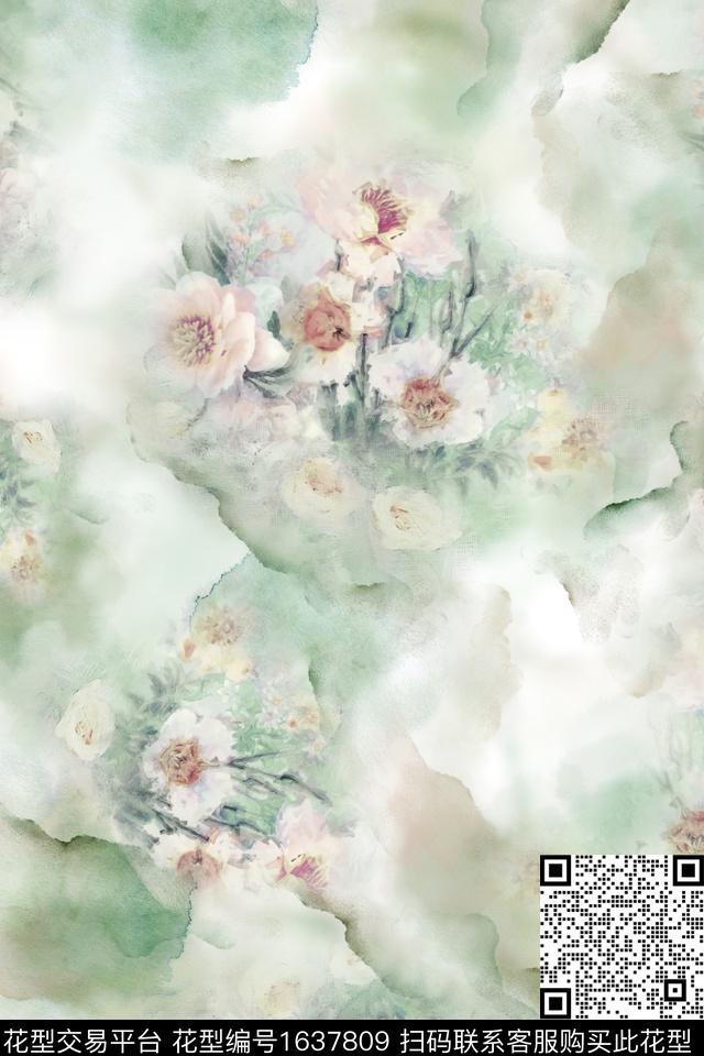 花卉水彩模糊花卉数码印花华亿平台下载（图片编号: 1637809） - 瓦栏（Walan）