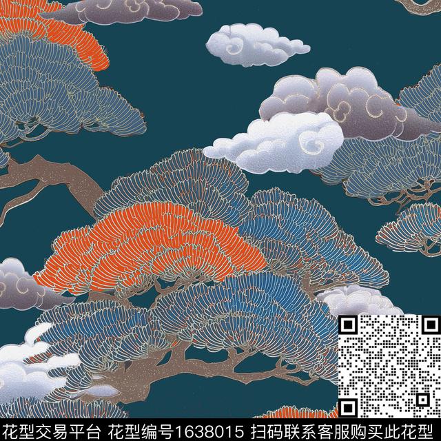 中国风祥云松树数码印花华亿平台下载（图片编号: 1638015） - 瓦栏（Walan）