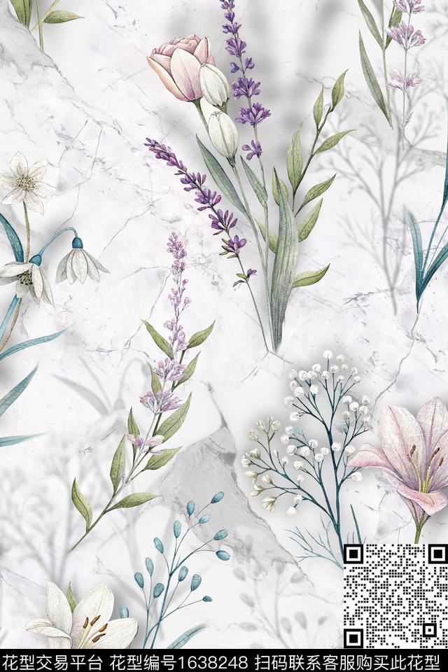花卉草本植物岩石纹理数码印花华亿平台下载（图片编号: 1638248） - 瓦栏（Walan）