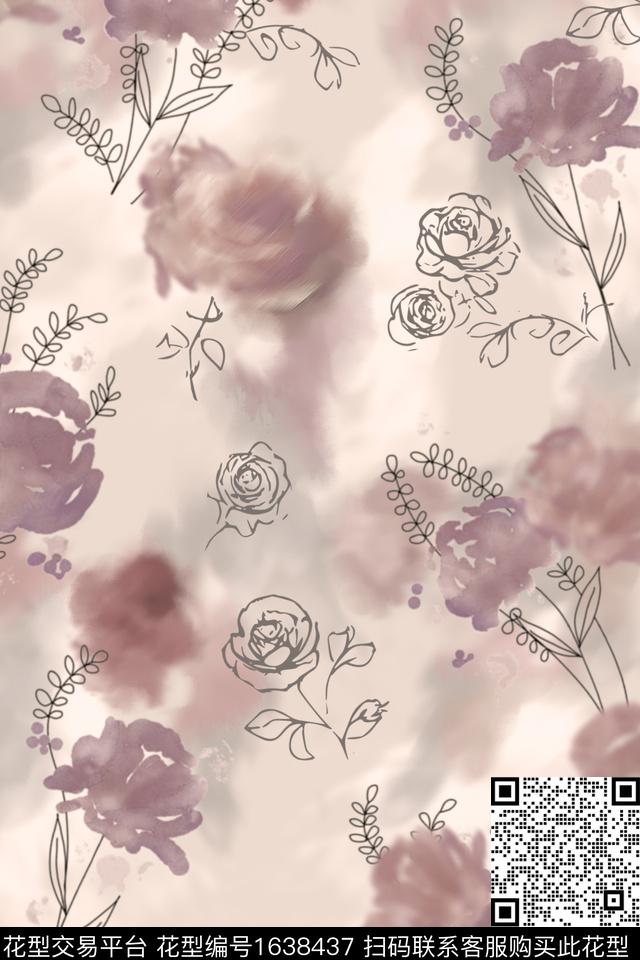 花卉模糊花卉抽象数码印花华亿平台下载（图片编号: 1638437） - 瓦栏（Walan）