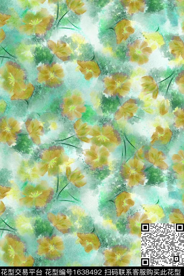 抽象花卉水彩数码印花华亿平台下载（图片编号: 1638492） - 瓦栏（Walan）