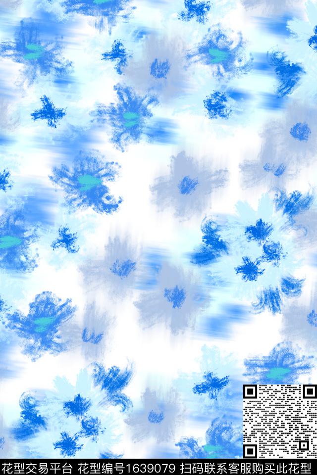 小清新清爽底花卉蓝白数码印花华亿平台下载（图片编号: 1639079） - 瓦栏（Walan）