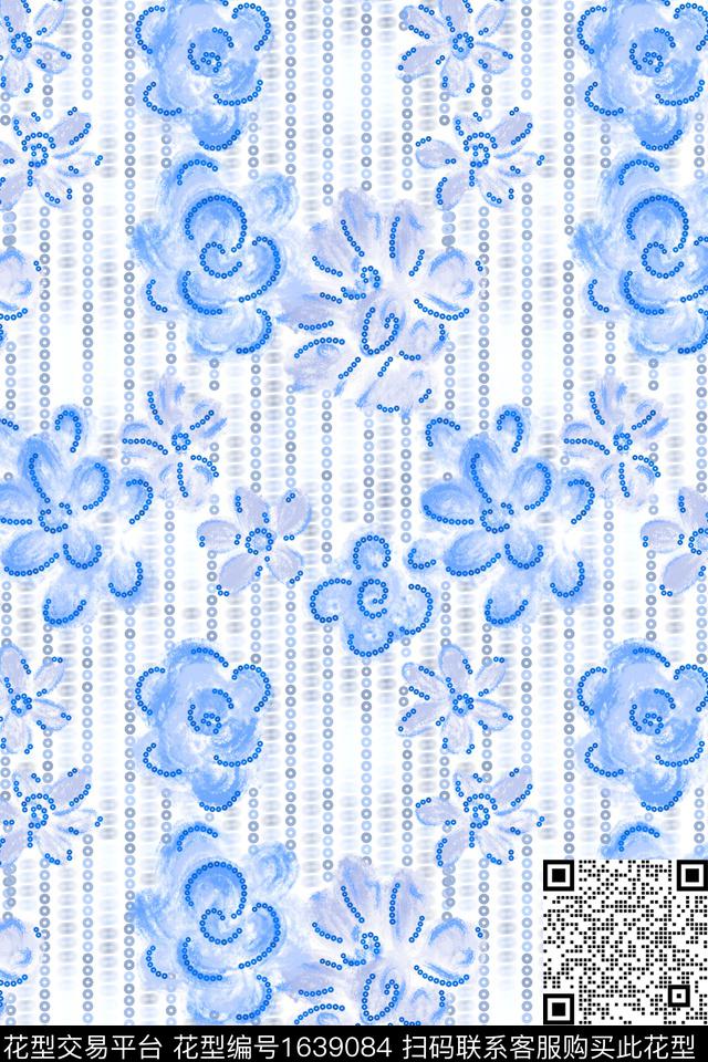 小清新蓝白花卉数码印花华亿平台下载（图片编号: 1639084） - 瓦栏（Walan）
