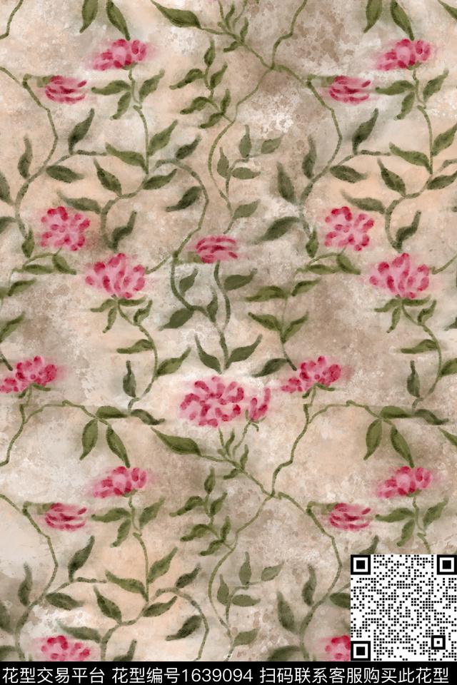 侘寂花卉红花数码印花华亿平台下载（图片编号: 1639094） - 瓦栏（Walan）