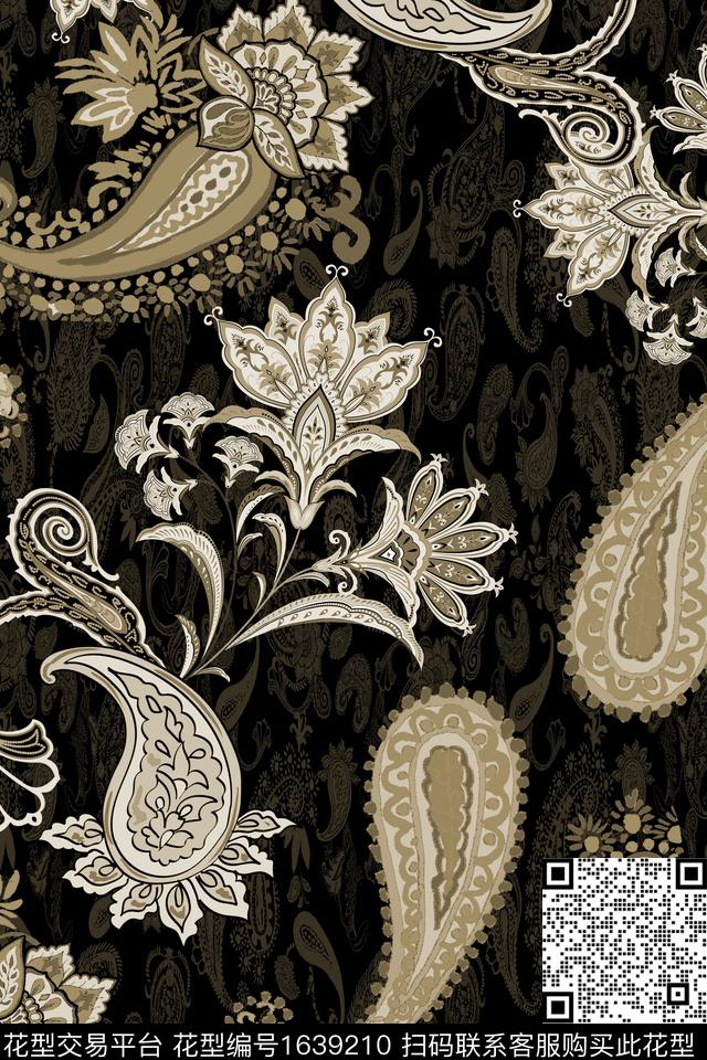 真丝佩斯利黑底花卉数码印花华亿平台下载（图片编号: 1639210） - 瓦栏（Walan）