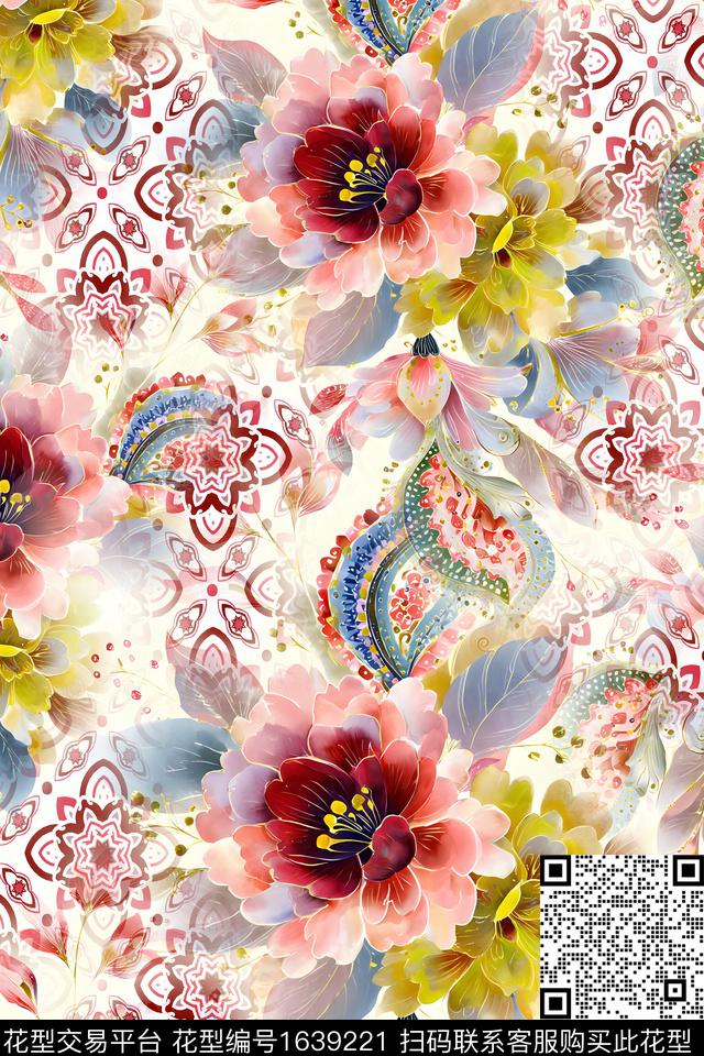 小清新大花真丝数码印花华亿平台下载（图片编号: 1639221） - 瓦栏（Walan）