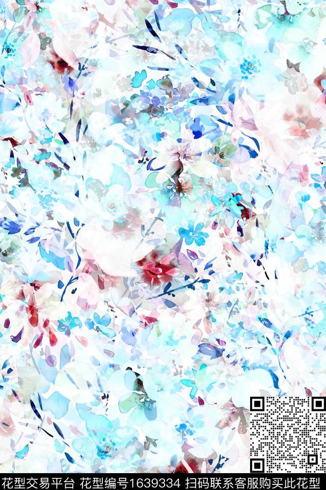 小清新真丝抽象花卉数码印花华亿平台下载（图片编号: 1639334） - 瓦栏（Walan）