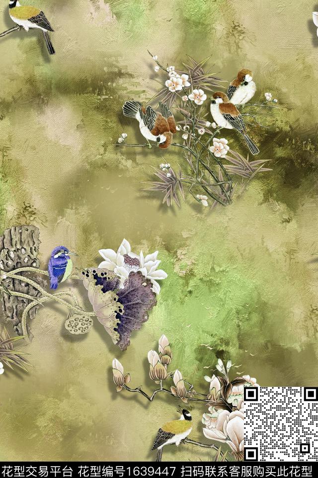 中国风花鸟旗袍数码印花华亿平台下载（图片编号: 1639447） - 瓦栏（Walan）