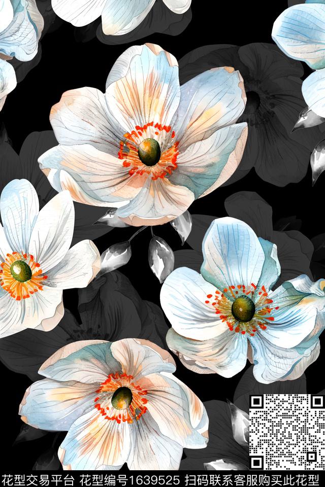 黑底花卉真丝花卉数码印花华亿平台下载（图片编号: 1639525） - 瓦栏（Walan）