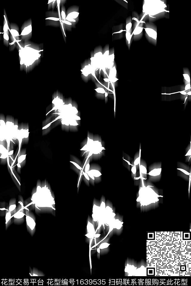 黑底花卉真丝花卉数码印花华亿平台下载（图片编号: 1639535） - 瓦栏（Walan）