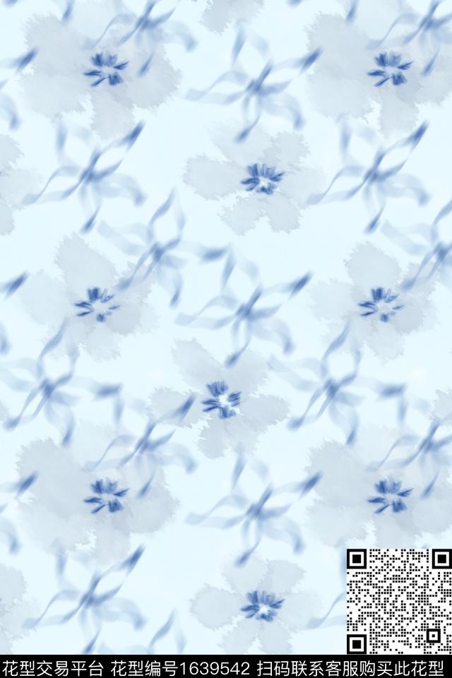 蓝白花卉水彩数码印花华亿平台下载（图片编号: 1639542） - 瓦栏（Walan）