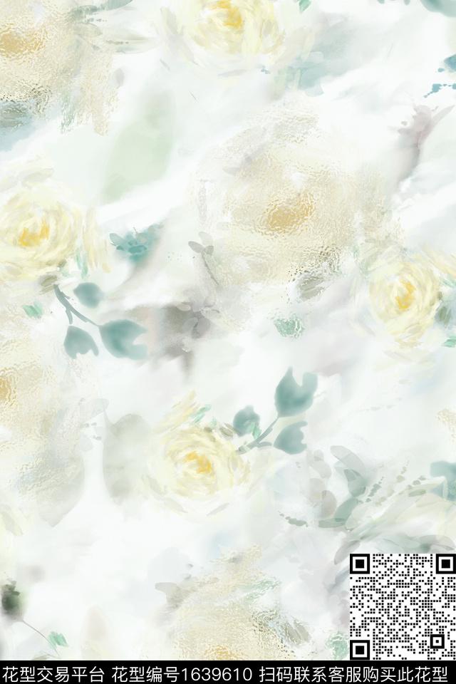 抽象花卉花卉水彩数码印花华亿平台下载（图片编号: 1639610） - 瓦栏（Walan）