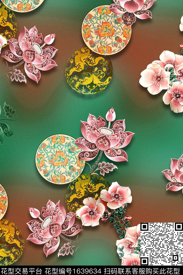 中国风荷花旗袍数码印花华亿平台下载（图片编号: 1639634） - 瓦栏（Walan）