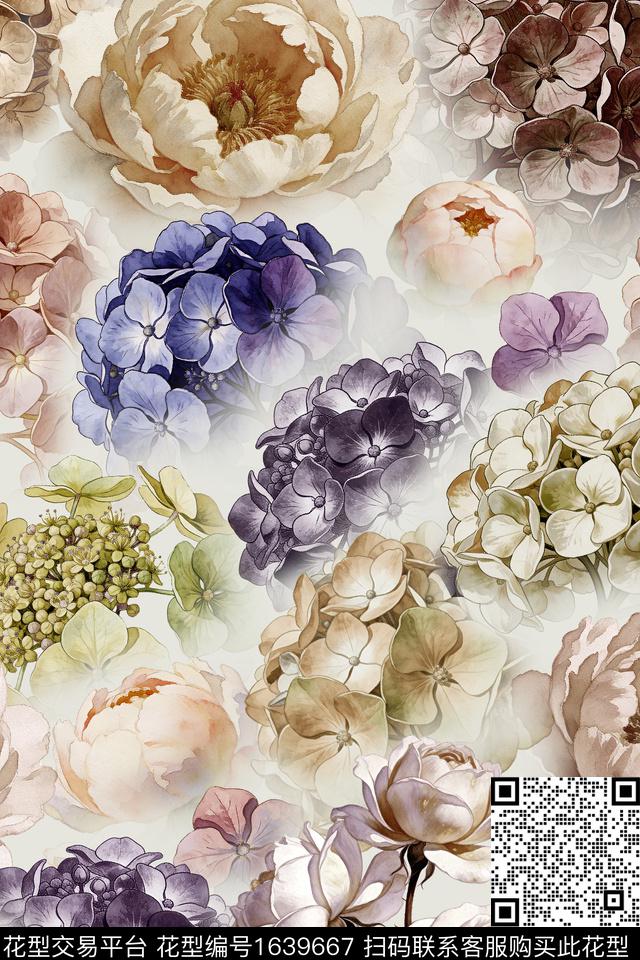 花卉水彩花卉绣球花数码印花华亿平台下载（图片编号: 1639667） - 瓦栏（Walan）