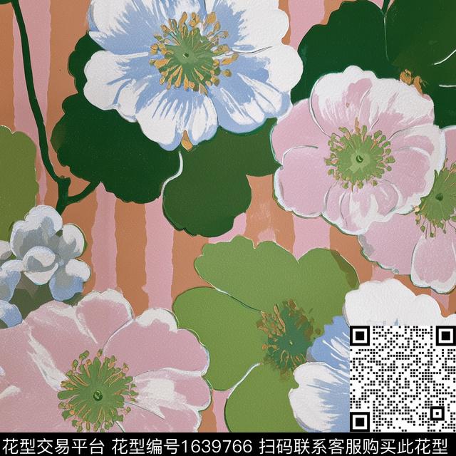 花卉大花条纹数码印花华亿平台下载（图片编号: 1639766） - 瓦栏（Walan）