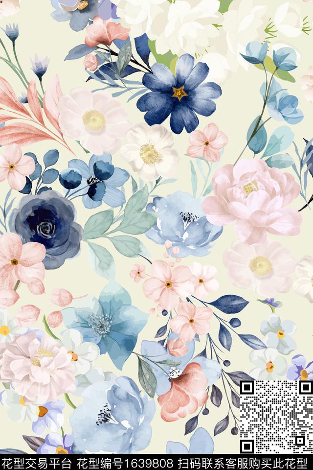 年轻女性花卉水彩花卉数码印花华亿平台下载（图片编号: 1639808） - 瓦栏（Walan）