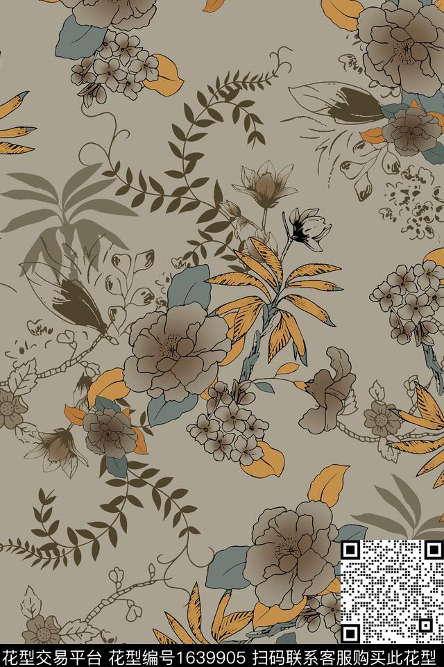 叶子花卉剪影数码印花华亿平台下载（图片编号: 1639905） - 瓦栏（Walan）