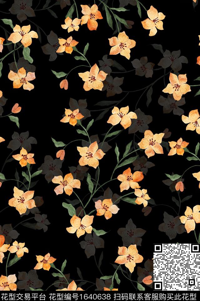 黑底花卉花卉大牌风数码印花华亿平台下载（图片编号: 1640638） - 瓦栏（Walan）