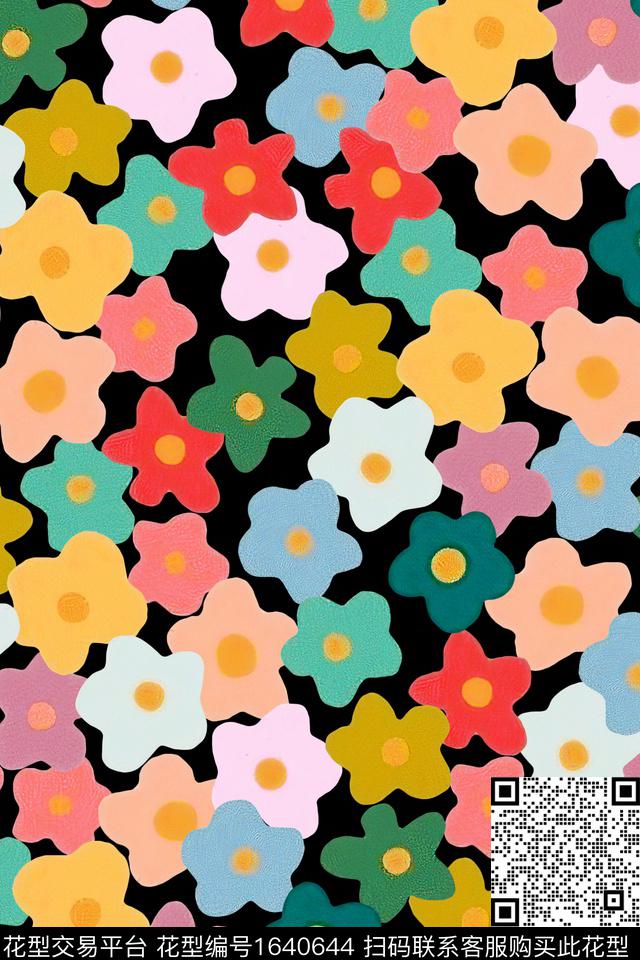 黑底花卉花卉大牌风数码印花华亿平台下载（图片编号: 1640644） - 瓦栏（Walan）