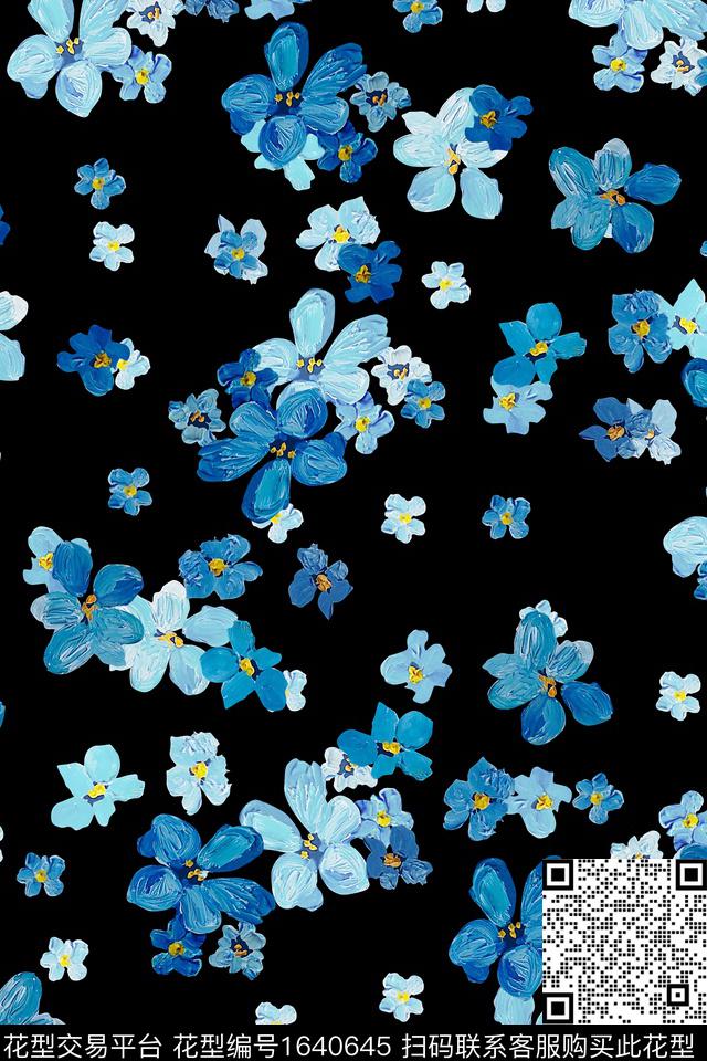 黑底花卉花卉大牌风数码印花华亿平台下载（图片编号: 1640645） - 瓦栏（Walan）
