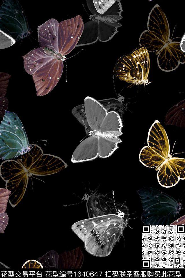 黑底花卉大牌风蝴蝶数码印花华亿平台下载（图片编号: 1640647） - 瓦栏（Walan）