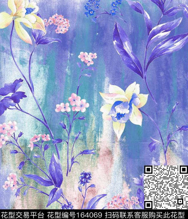 藤花粉蓝唯美数码印花华亿平台下载（图片编号: 164069） - 瓦栏（Walan）