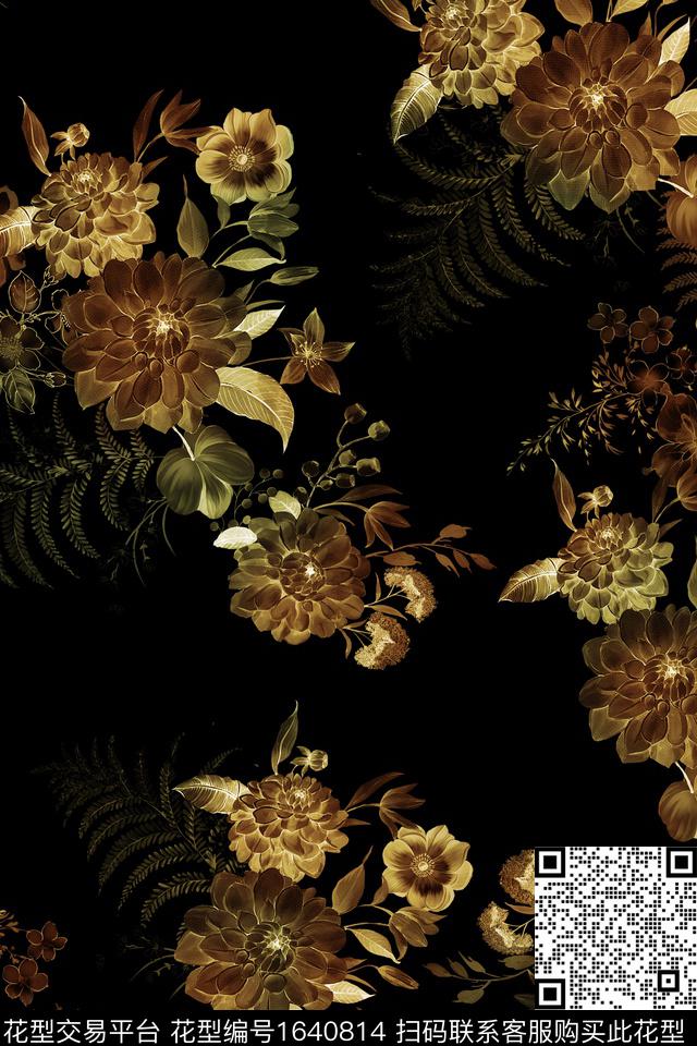 年轻女装黑底花卉真丝数码印花华亿平台下载（图片编号: 1640814） - 瓦栏（Walan）