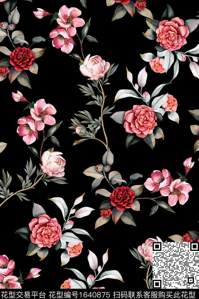 黑底花卉花卉大牌风数码印花华亿平台下载（图片编号: 1640875） - 瓦栏（Walan）