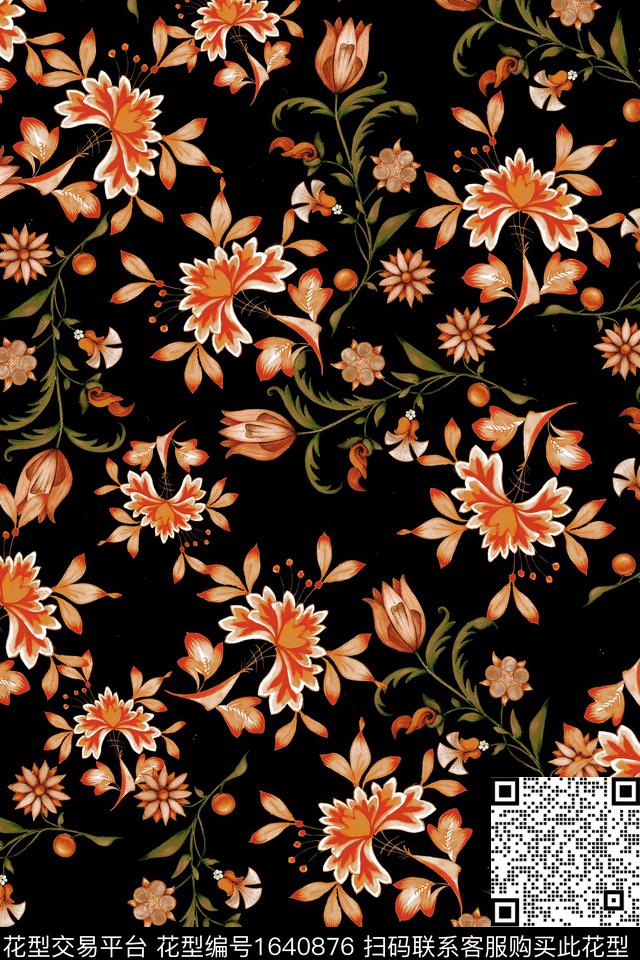 黑底花卉花卉大牌风数码印花华亿平台下载（图片编号: 1640876） - 瓦栏（Walan）