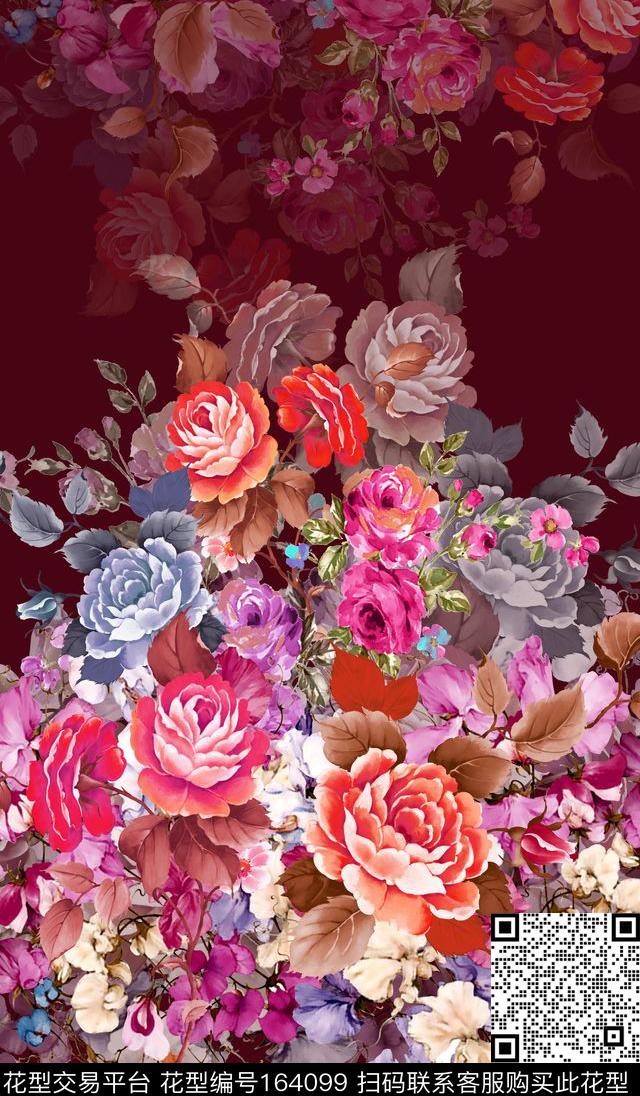 大丛花图案雍容华贵典雅数码印花华亿平台下载（图片编号: 164099） - 瓦栏（Walan）