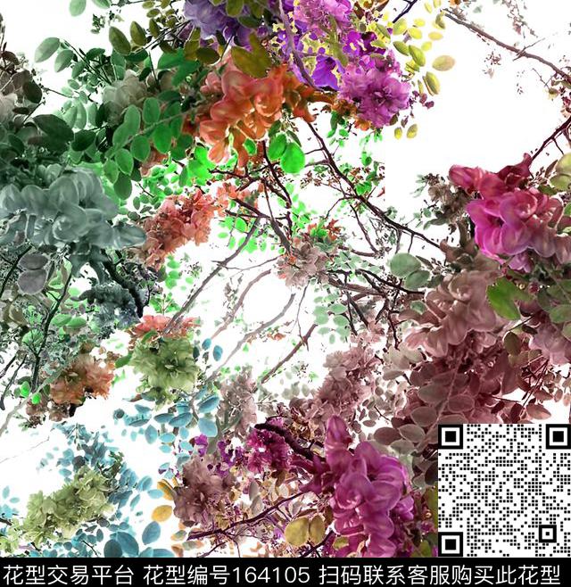 五彩花与叶晕染数码印花华亿平台下载（图片编号: 164105） - 瓦栏（Walan）