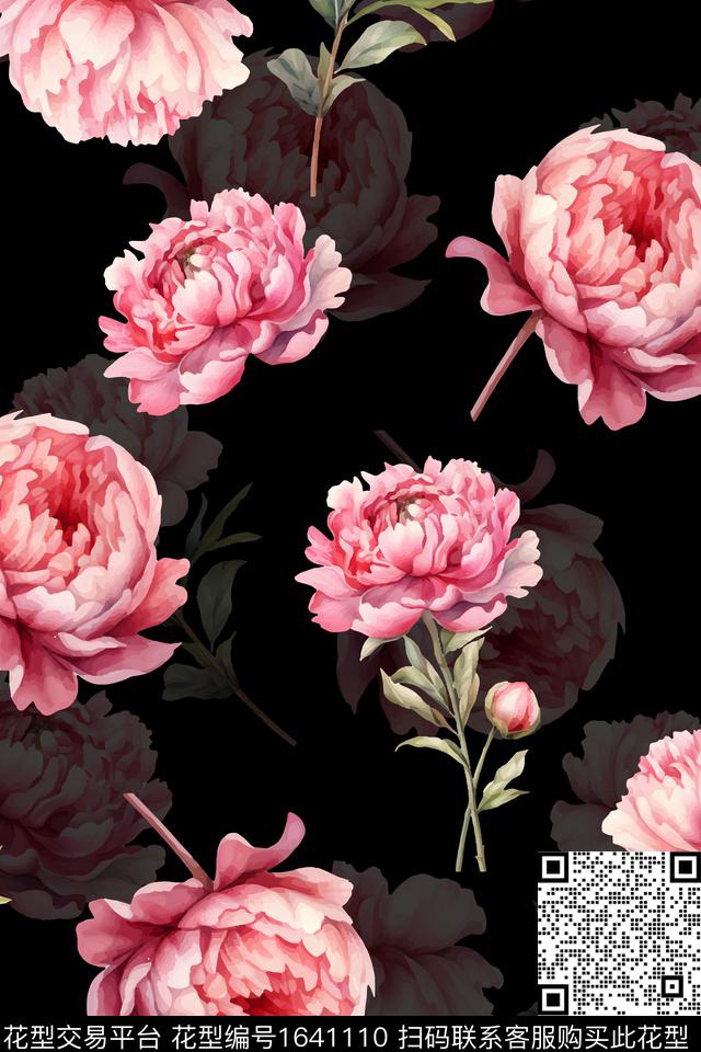 年轻女装黑底花卉花卉数码印花华亿平台下载（图片编号: 1641110） - 瓦栏（Walan）