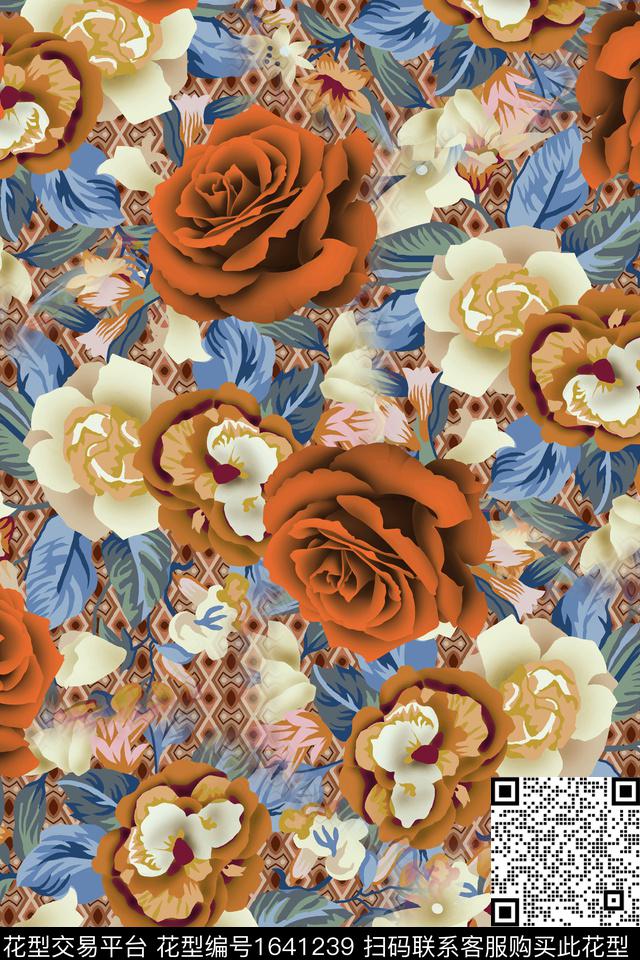 真丝满版散花花卉数码印花华亿平台下载（图片编号: 1641239） - 瓦栏（Walan）