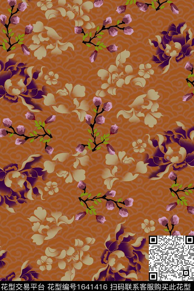 中国风满版散花花卉数码印花华亿平台下载（图片编号: 1641416） - 瓦栏（Walan）