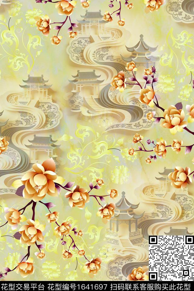 真丝满版散花花卉数码印花华亿平台下载（图片编号: 1641697） - 瓦栏（Walan）
