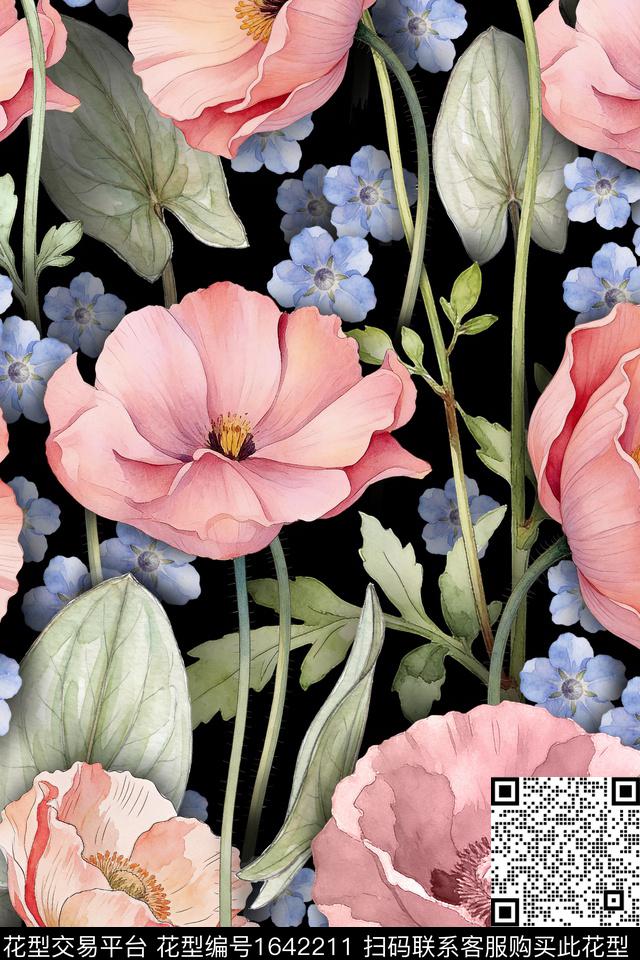 花卉虞美人水彩花卉数码印花华亿平台下载（图片编号: 1642211） - 瓦栏（Walan）