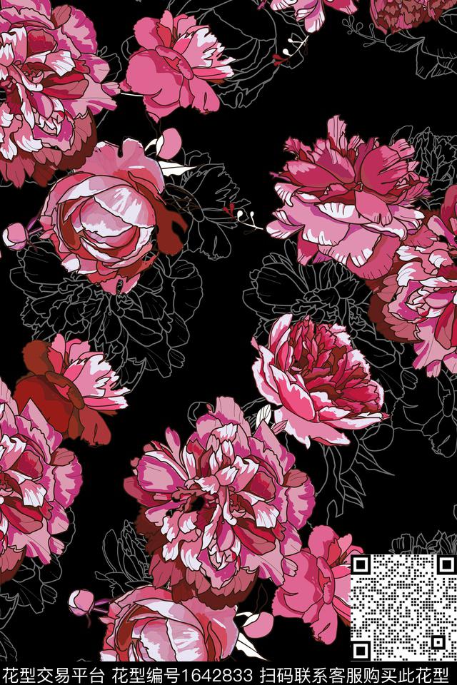 黑底花卉花卉中老年数码印花华亿平台下载（图片编号: 1642833） - 瓦栏（Walan）
