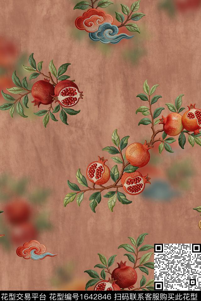 年轻女装石榴祥云数码印花华亿平台下载（图片编号: 1642846） - 瓦栏（Walan）