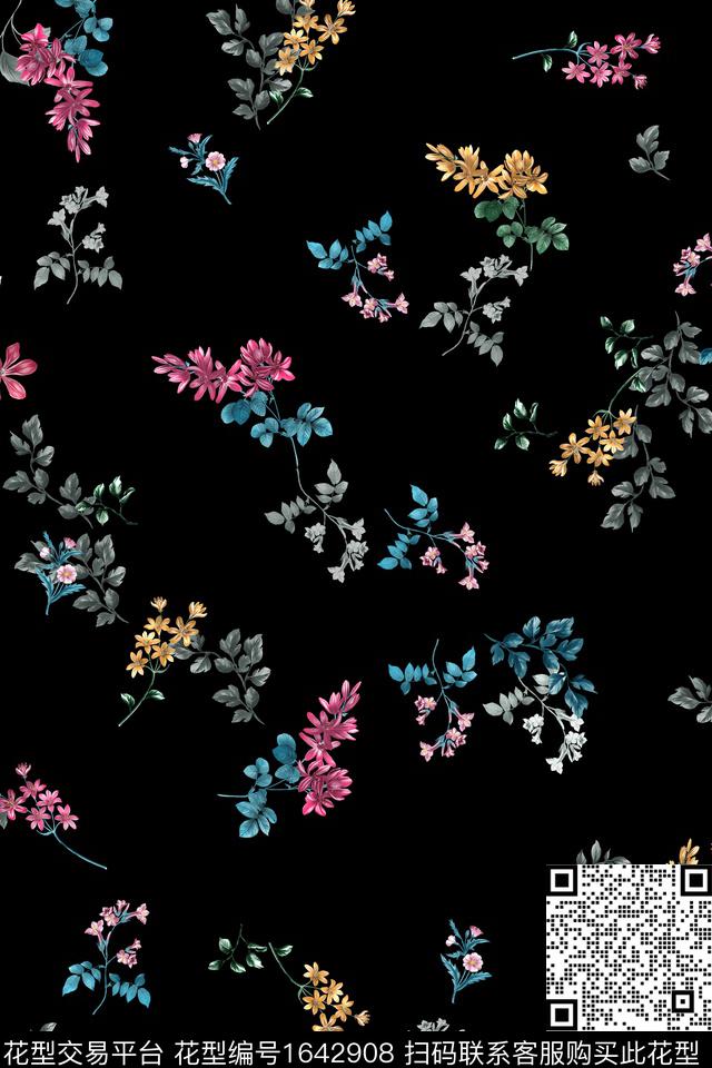 年轻女装黑底花卉花卉数码印花华亿平台下载（图片编号: 1642908） - 瓦栏（Walan）