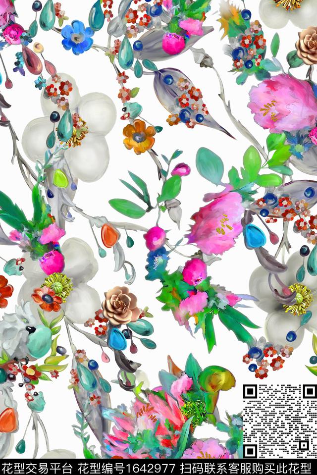 年轻女装手绘玫瑰植物数码印花华亿平台下载（图片编号: 1642977） - 瓦栏（Walan）