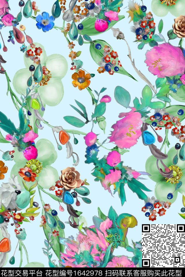 年轻女装手绘玫瑰植物数码印花华亿平台下载（图片编号: 1642978） - 瓦栏（Walan）