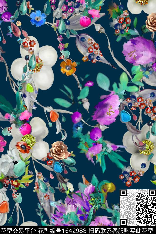 年轻女装手绘玫瑰植物数码印花华亿平台下载（图片编号: 1642983） - 瓦栏（Walan）