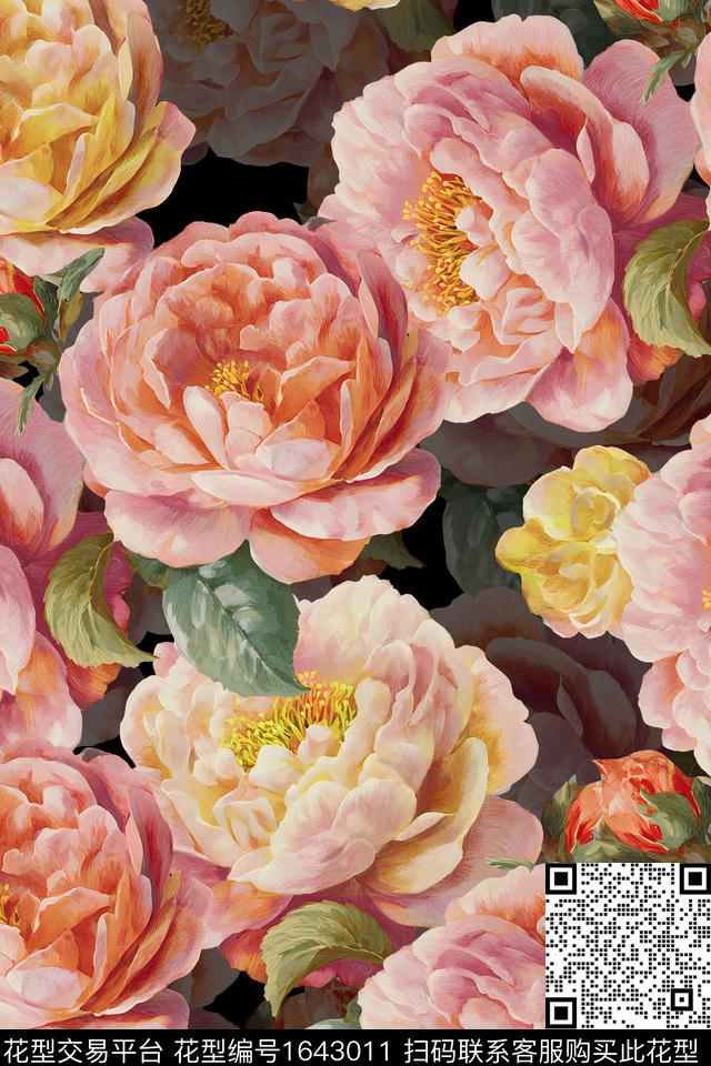 年轻女装手绘大花花卉数码印花华亿平台下载（图片编号: 1643011） - 瓦栏（Walan）