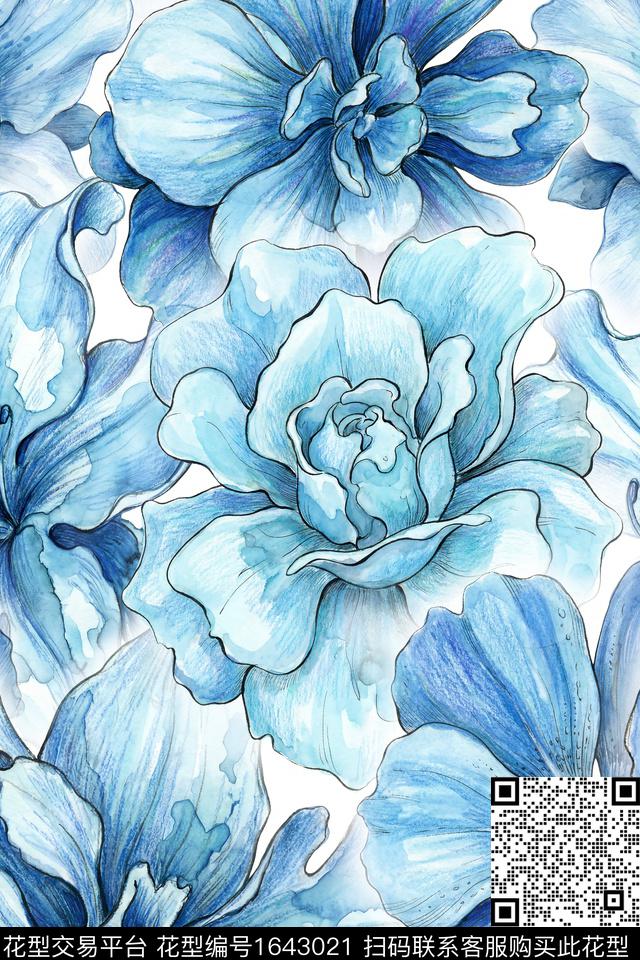 大花花卉水彩数码印花华亿平台下载（图片编号: 1643021） - 瓦栏（Walan）