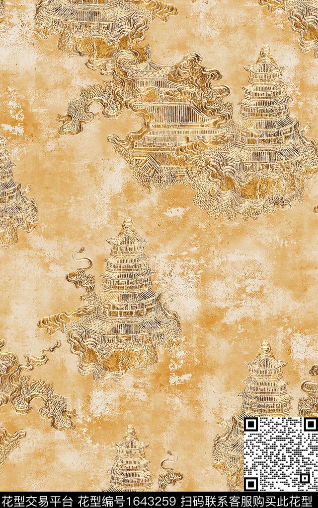 中国风真丝建筑数码印花华亿平台下载（图片编号: 1643259） - 瓦栏（Walan）