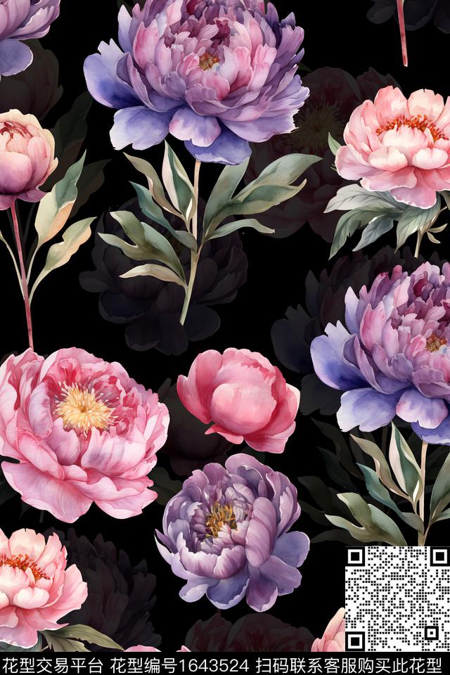 年轻女装黑底花卉花卉数码印花华亿平台下载（图片编号: 1643524） - 瓦栏（Walan）