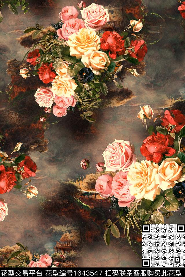 满版散花中老年油画华亿平台数码印花华亿平台下载（图片编号: 1643547） - 瓦栏（Walan）