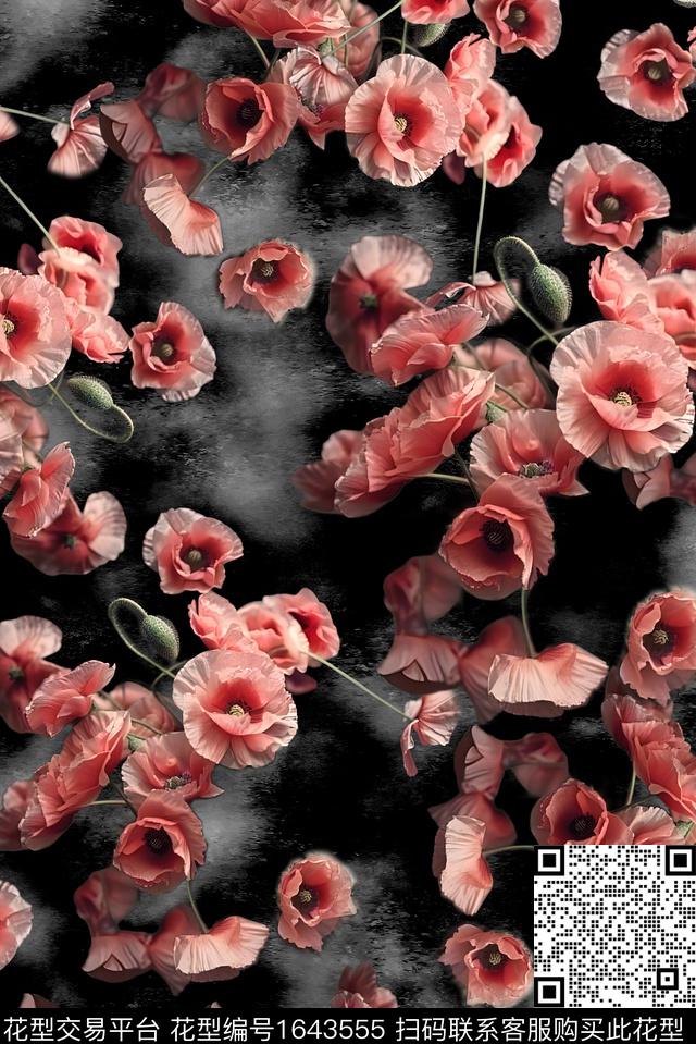 年轻女装黑底花卉满版散花数码印花华亿平台下载（图片编号: 1643555） - 瓦栏（Walan）