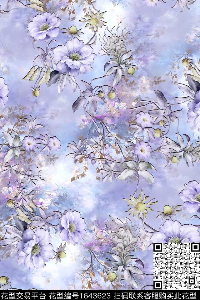 年轻女装小清新满版散花数码印花华亿平台下载（图片编号: 1643623） - 瓦栏（Walan）